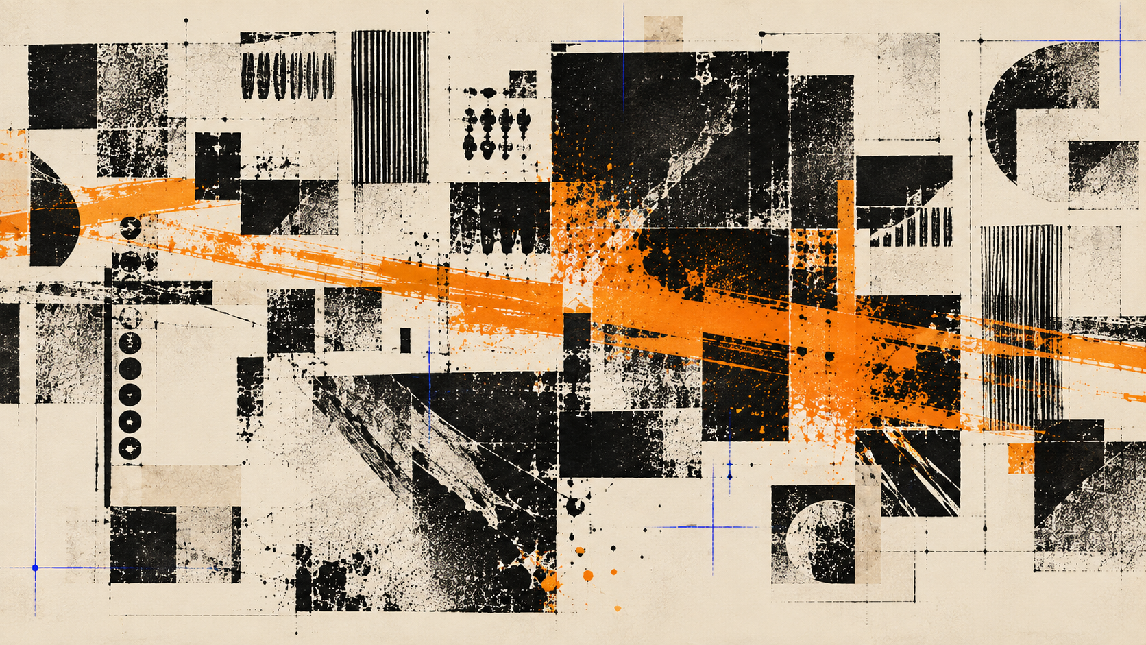 A printed collage of black geometric blocks and registration lines crossed by an amber band.